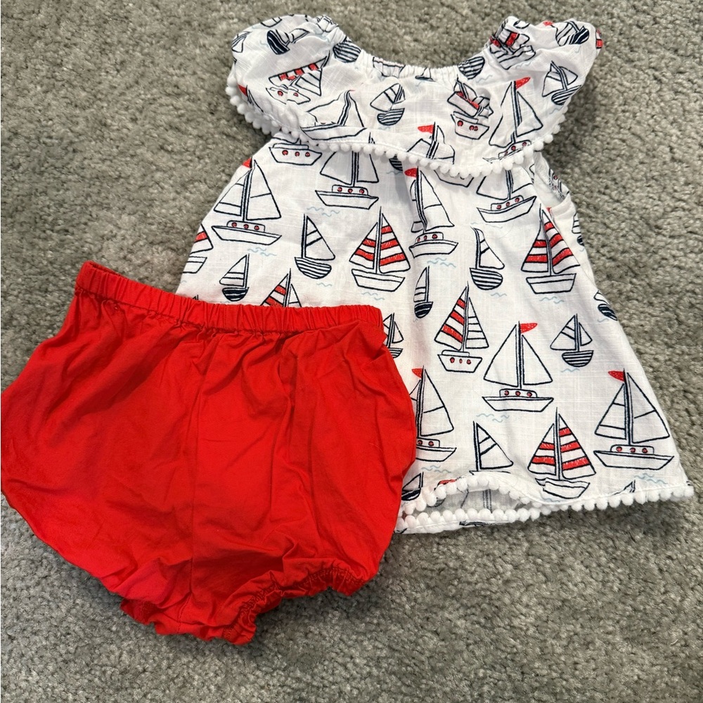 Sailboat Print Dress and Red Bloomers Set